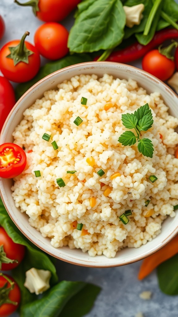 Fluffy quinoa in a bowl garnished with herbs, surrounded by colorful vegetables.